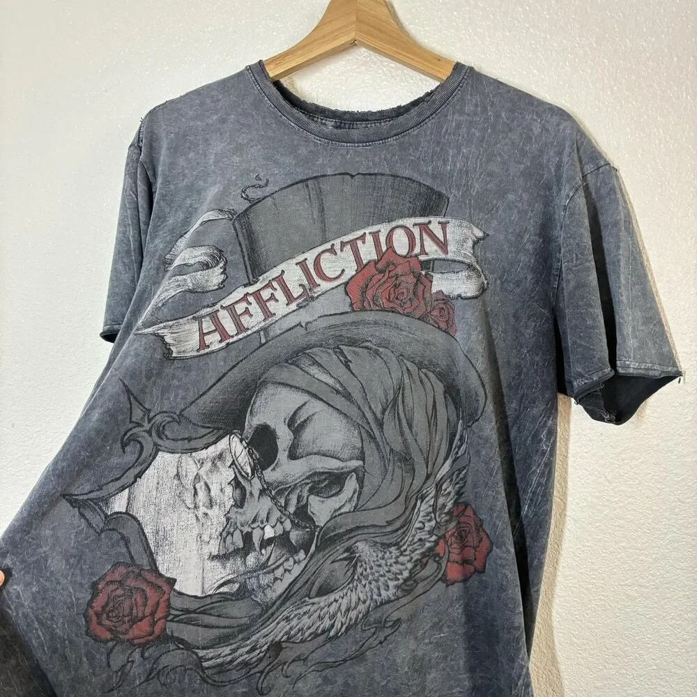 Affliction Shirt Womens Large Gray Skull Roses Top Hat Graphic Tee Gothic